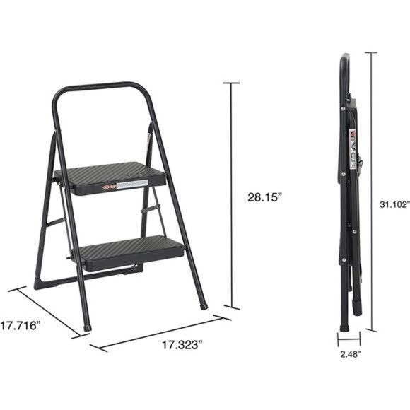 Two-Step Household Folding Step Stool, All Black, 7ft 11in Reach Height - Picture 4 of 7
